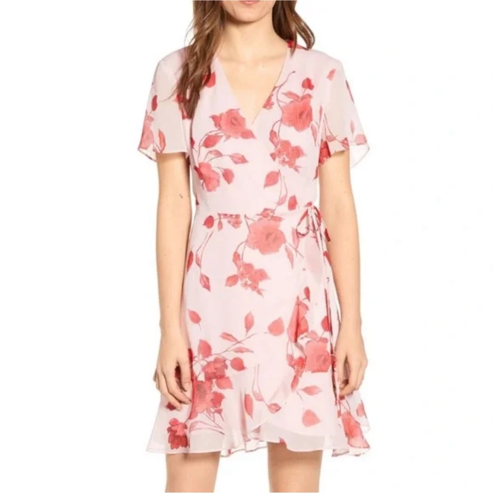 All in Favor Asymmetrical Dress with Red Floral Pattern Wrap Tie Back - Size S